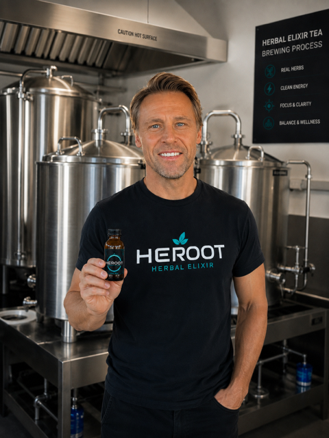 Tomas holding a Heroot bottle at the facility